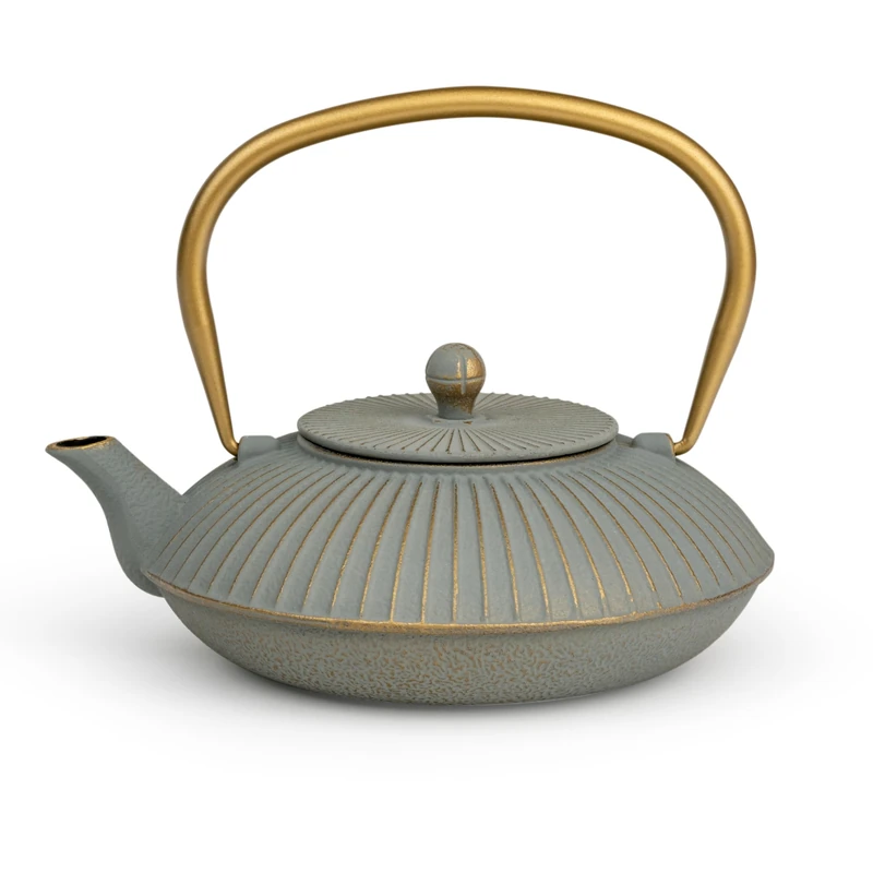 Bredemeijer Grey Flat Asia teapot Induction 1.1 Litre - Small Enamelled cast Iron jug with Stainless Steel Tea Filter Insert