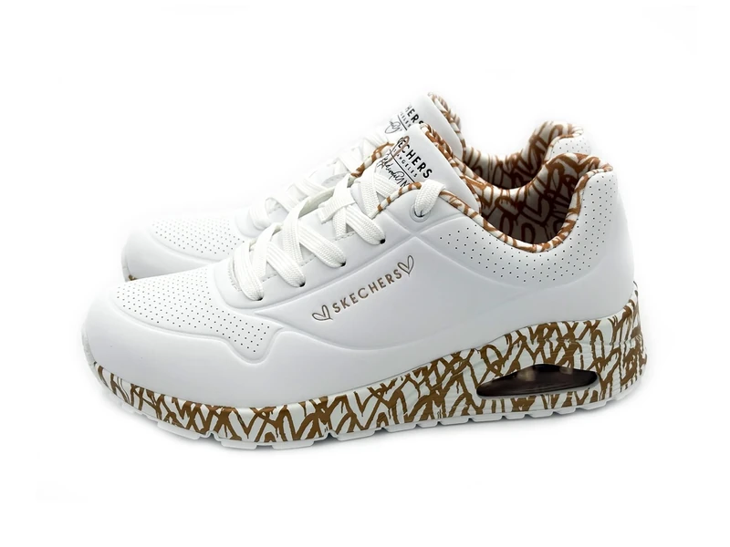 Skechers Women's Uno Loving Love Sneaker, White Durabuck/Rose Gold Print Trim, 3.5 UK