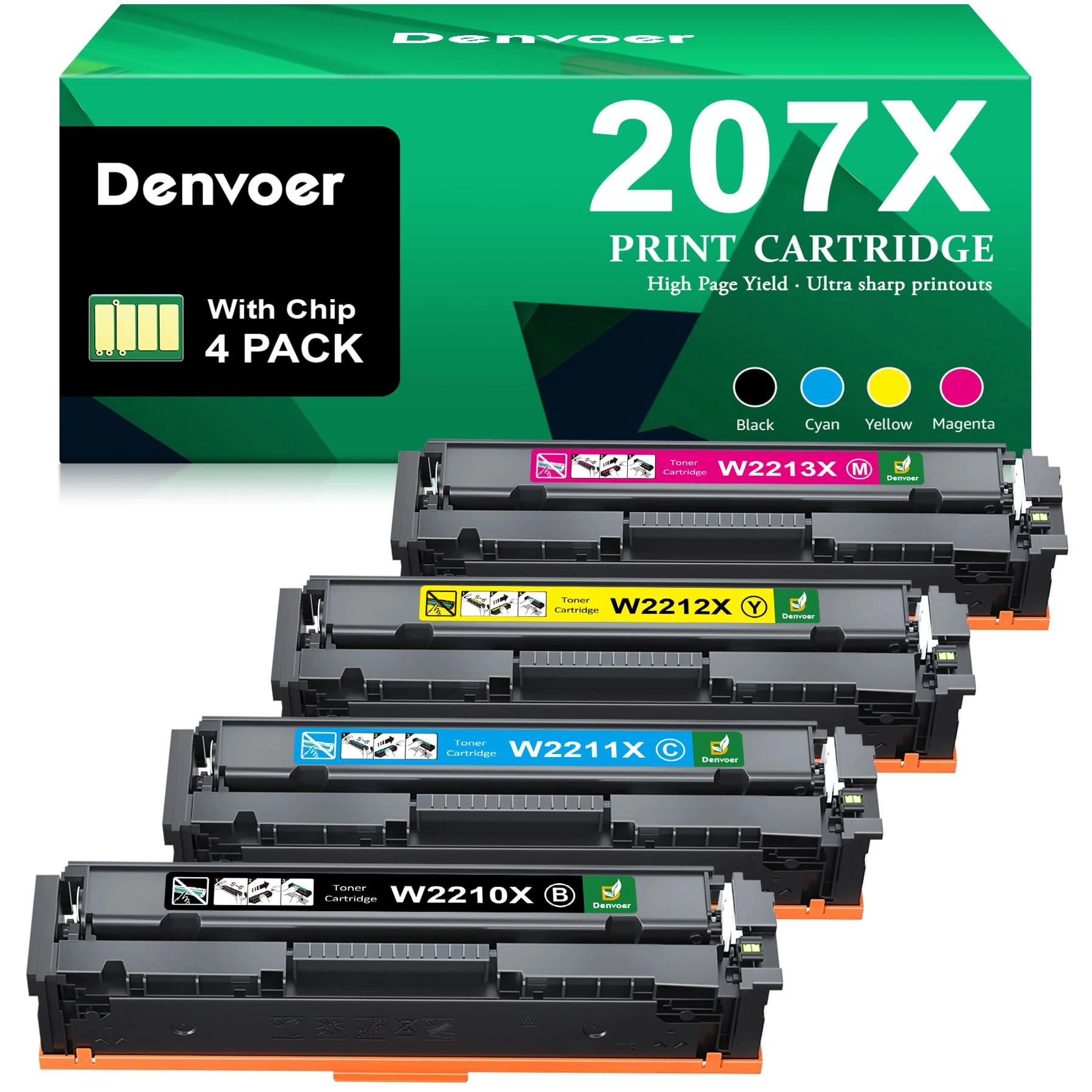 Denvoer 207X with Chip Compatible for HP 207X 207A for HP Color Laserjet Pro MFP M283fdw Toner Cartridges M283fdn M283cdw M282nw M255dw M255nw W2210X W2211X W2212X W2213X Black Cyan Yellow Magenta