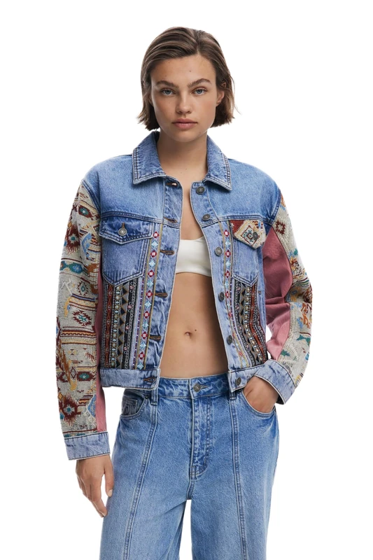 Desigual Boho Denim Trucker Jacket with Embroidery 25WWED10