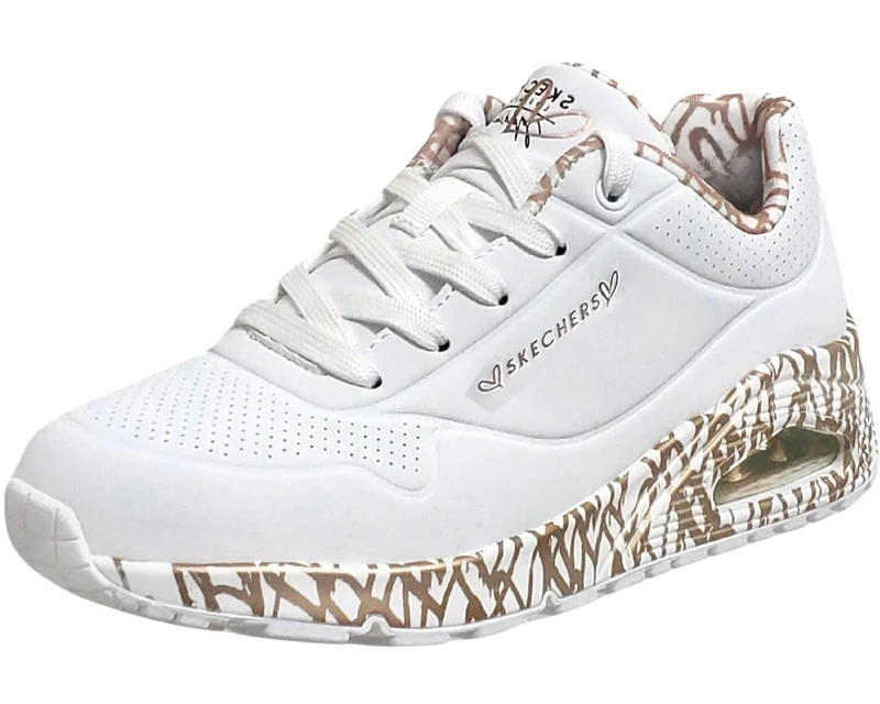 Skechers Women's Uno Love Sneaker, White Durabuck/Rose Gold Print Trim, 4.5 UK