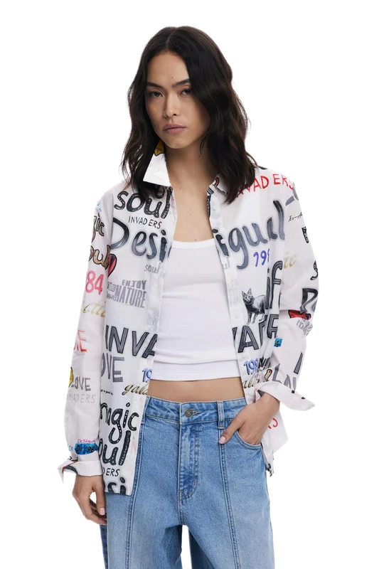 Desigual Soul White Cotton Shirt with Vibrant Writing 25WWCW10 - Image 1