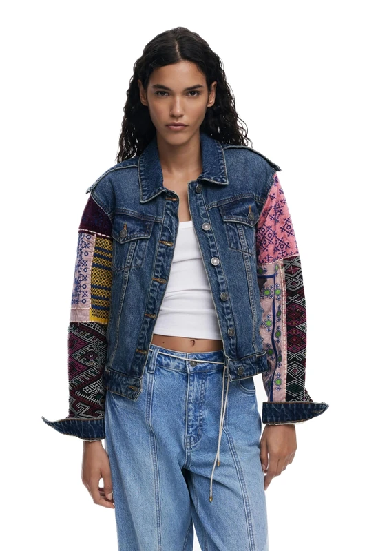 Desigual Etnic Denim Jacket - Patchwork Sleeves 25WWED14