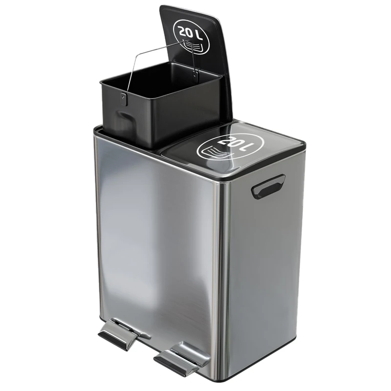 Amig - Double Recycling Bin with Pedals Mod. RECIK EVO 40 L - 2 Compartments of 20 L Each - Stainless Steel - 45 x 30 x 52 cm - Silver