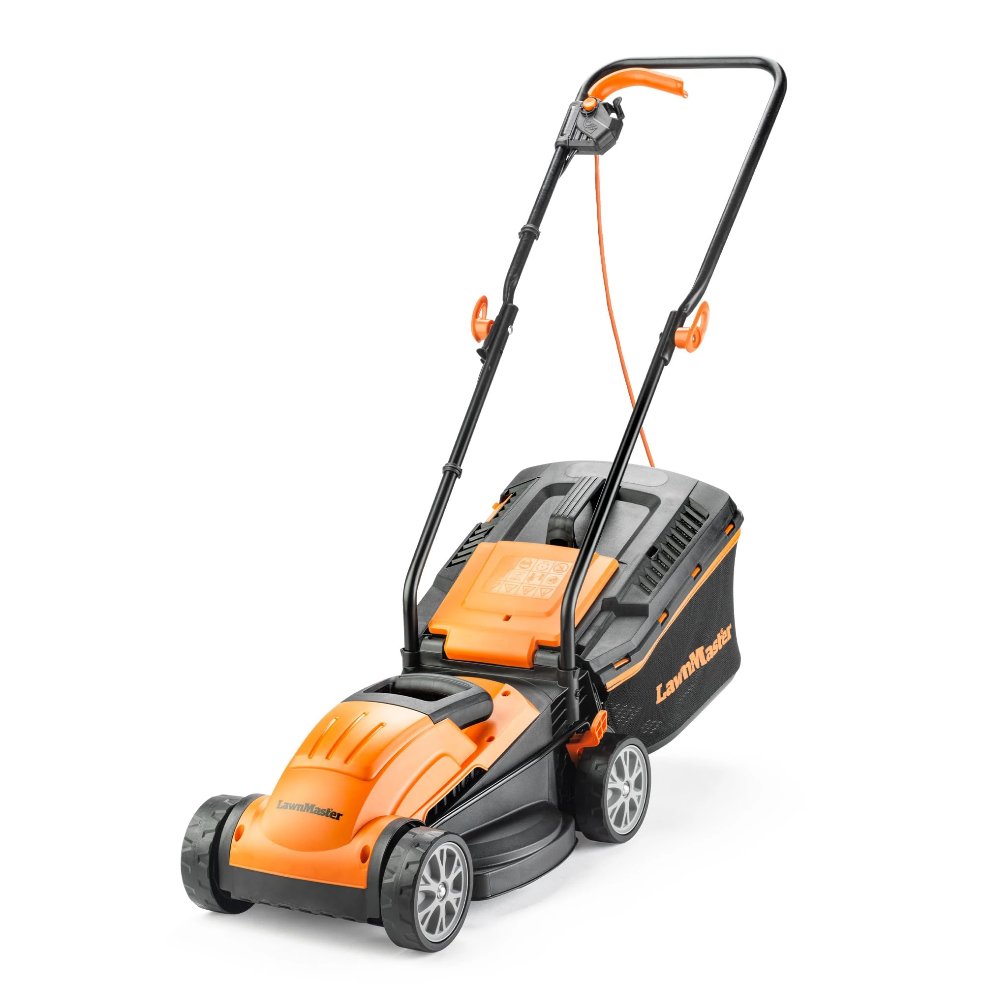 LawnMaster 1200W Electric Lawn Mower with 32cm cutting width, ideal for small lawns. With 5 adjustable cutting heights and rear roller for striped finish, 2 year guarantee