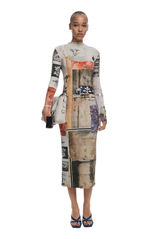 Desigual Lyra Beige Collage Print Fitted Midi Dress 25WWVK30