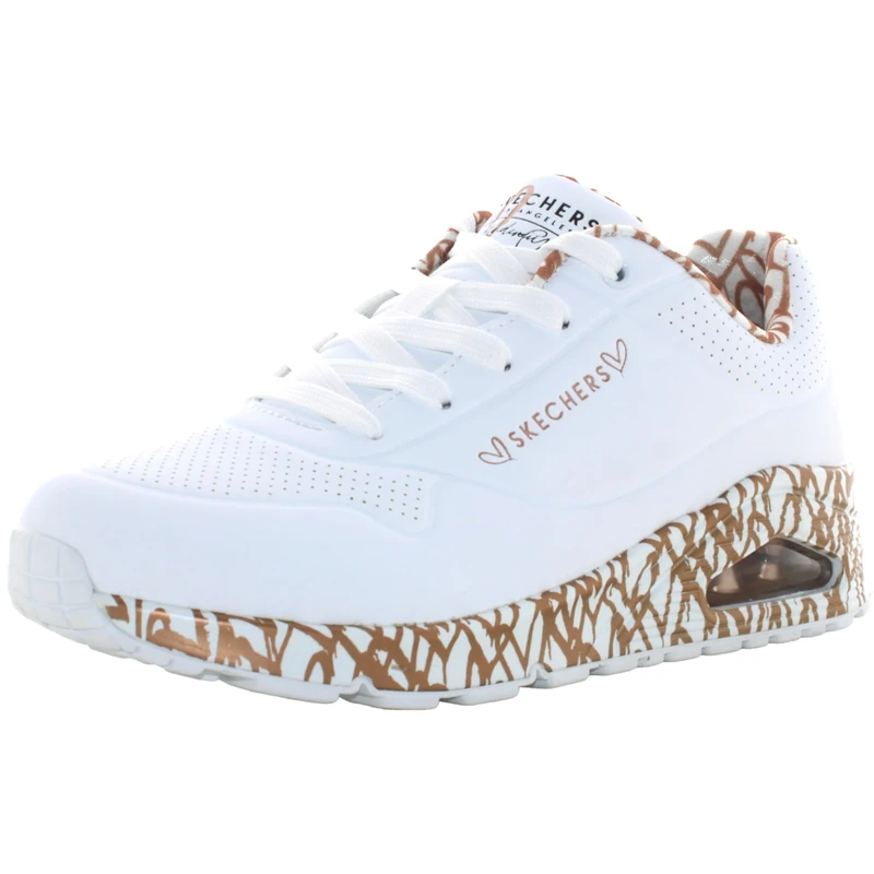 Skechers Women's Uno Loving Love Sneaker, White Durabuck/Rose Gold Print Trim, 5.5 UK
