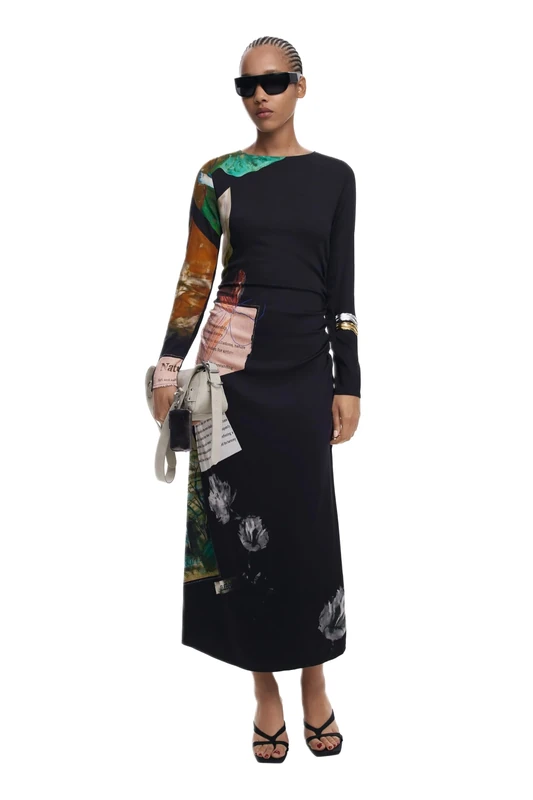 Desigual Patch Fiona Black Collage Asymmetric Patchwork Midi Dress 25WWVW08