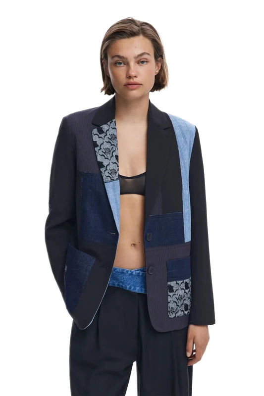 Desigual Textures Patchwork Blazer Jacket with Denim and Pinstripe 25WWEW51 - Image 1