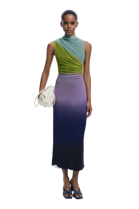 Desigual Lola Gradient Tulle Fitted Midi Dress 25WWVK18 Red