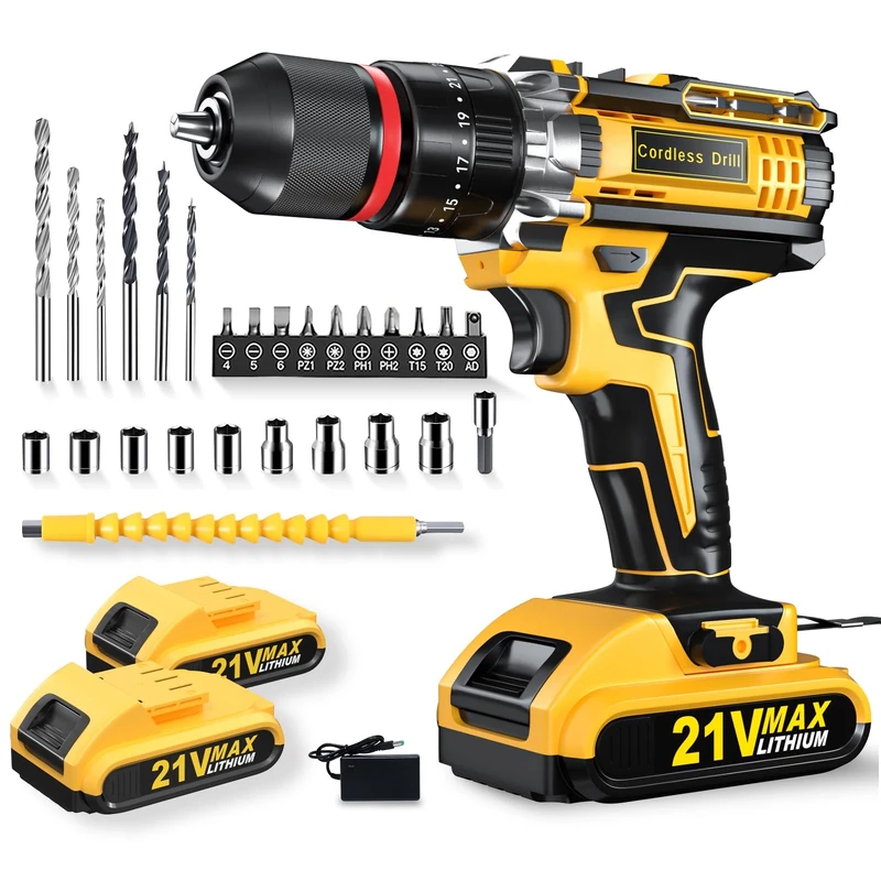 Cordless Hammer Drill Set, 21V Impact Drill Driver and Screwdriver Set with 2 Batteries, 25+3, 10mm Heave Duty DrillChuck, 2 Speed Power Combi Battery Drill Set with 87 Accessories for Home DIY Gift