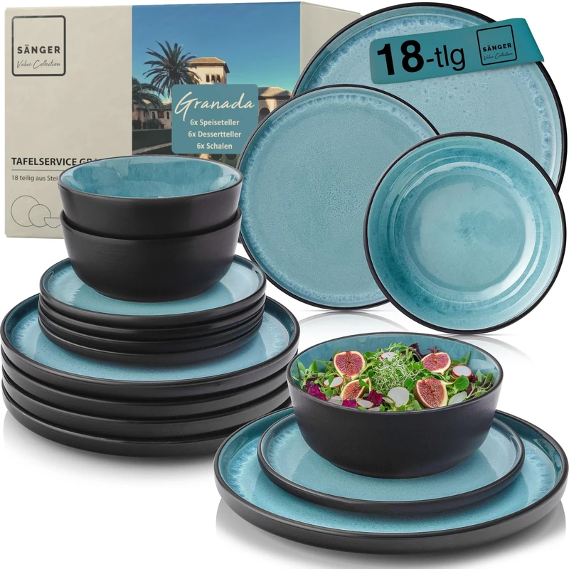 SÄNGER Granada Stoneware Crockery Set, 18 Pieces, Plate Set for 6 People, 6 x Dinner Plates, 6 x Cereal Bowls, 6 x Dessert Plates, Dinner Service Blue with Black Edge, Scratch-Resistant Value