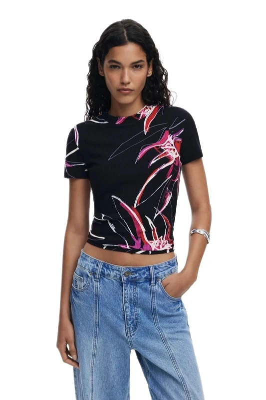 Desigual Lala Ribbed Tshirt with Arty Floral Print 25WWTK16 Black