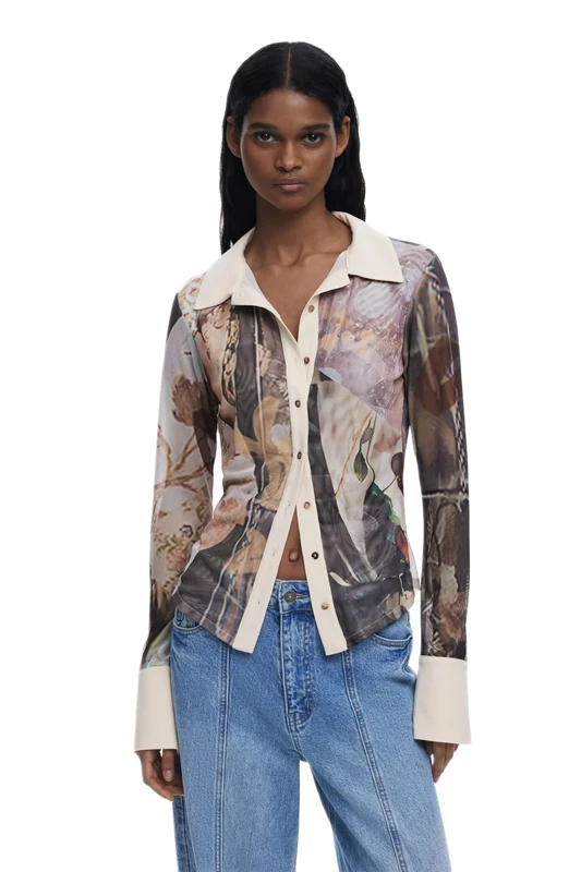 Desigual Eyre Cream Chiffon Collage Shirt with Ribbed Collar 25WWTK26 - Image 1