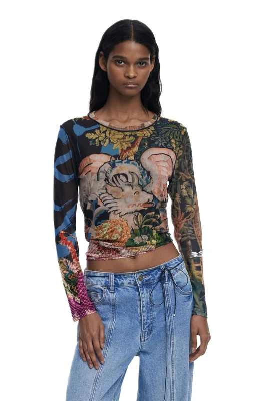 Desigual Dragon Lacroix Chiffon Long Sleeve Tshirt by Mr Christian Lacroix 25WWTK39 Blue