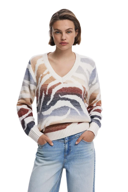 Desigual Wasilla Cream Jacquard Zebra V-Neck Sweater 25WWJF21