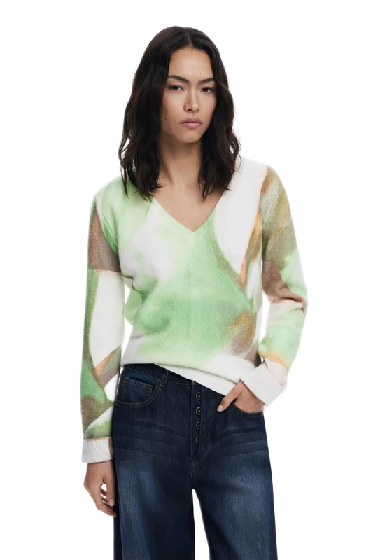 Desigual Oulu Soft Watercolour Effect V-Neck Jumper25WWJF13 Green