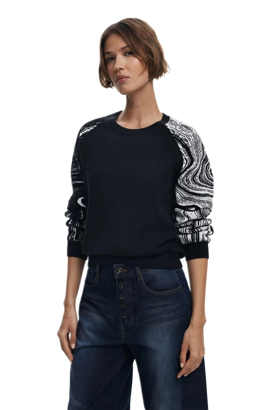 Desigual Kodiak Marbled Sleeve Monochrome Sweater 25WWJF28 Black