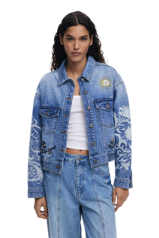 Desigual Lander Blue Denim Trucker Jacket with Oriental Embroidery 25WWED07