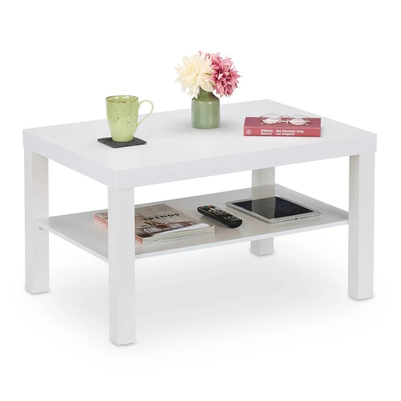 Relaxdays Coffee Table with Shelf, HWD: 45 x 79 x 55 cm, Living Room Storage, MDF, Couch & Sofa, Rectangular, White - Image 1