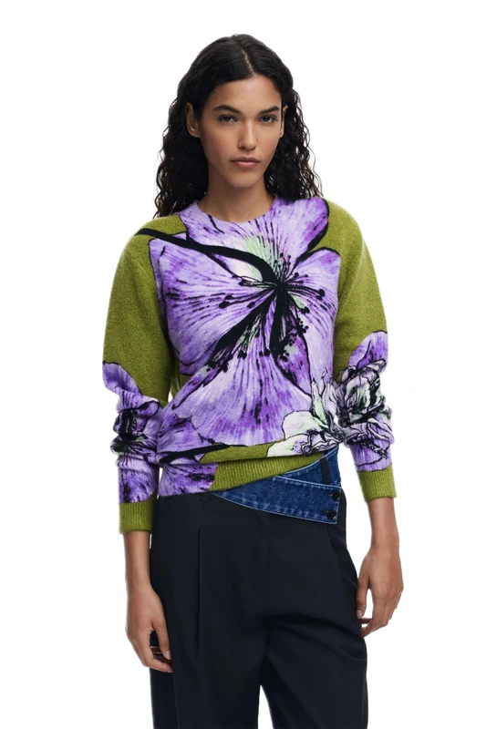 Desigual Orquidea Lacroix Green & Purple Flower Jumper by Mr Christian Lacroix 25WWJF42