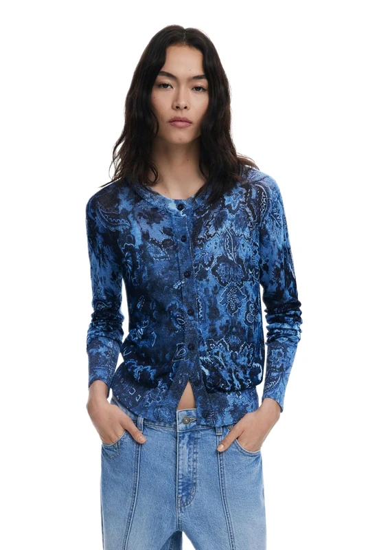 Desigual Kassidy Fitted Fine Knit Patterned Cardigan 25WWJF12 Blue