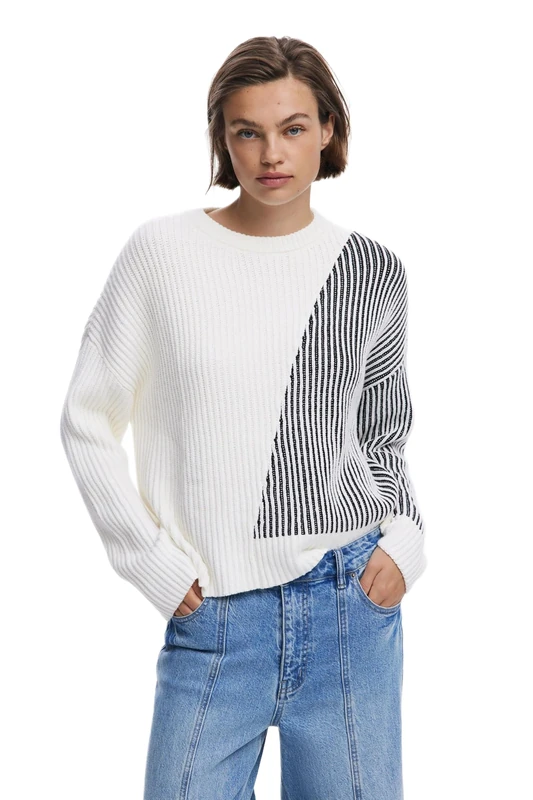 Desigual Nome Combined Turtleneck White & Striped Jumper 25WWJF26