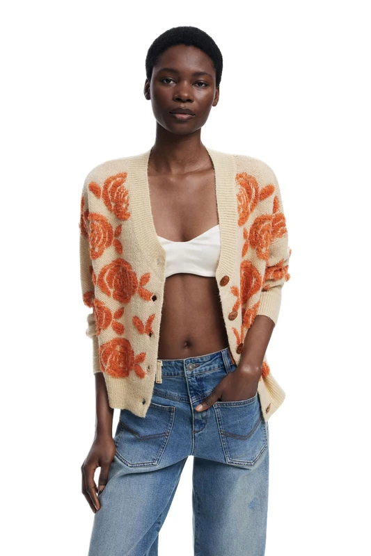 Desigual Carter Rose Print Chunky Cardigan 25WWJF22 White - Image 1