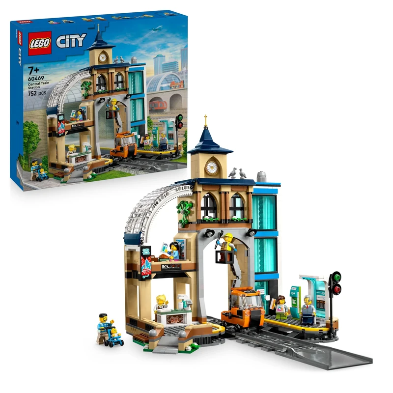 LEGO City Central Train Station Set - incl. a Maintenance Vehicle Toy, Working Lift, 2 Platforms & a Track Piece, plus 6 Minifigures - Creative Gift for 7+ Year Old Boys & Girls - 60469