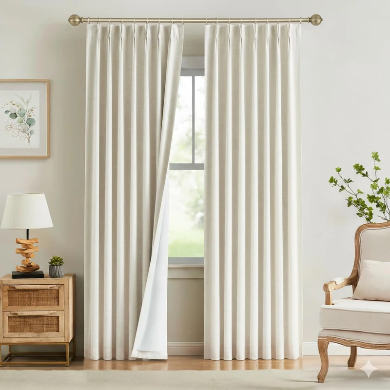 Kayne Studio Natural Pinch Pleated Full Blackout Curtains 112 Inch, Linen Blend Thermal Insulated Soundproof Room Darkening Back Tab Window Drapes with Hooks for Living Room Bedroom(2 Panels,40"x112")