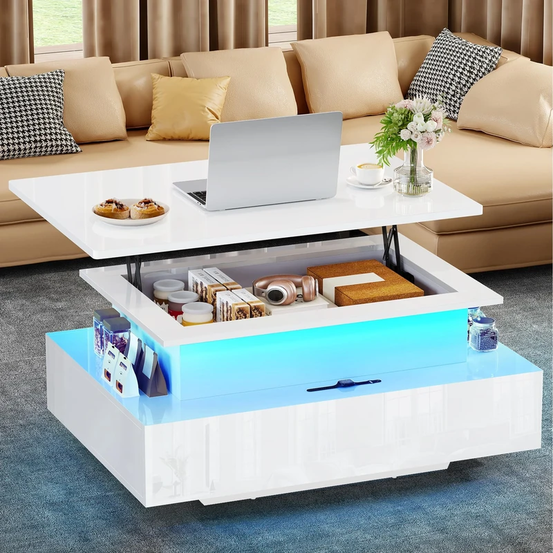 YITAHOME Coffee Table High Glossy with LED Strip, Lift Top Coffee Table with Storage for Living Room,Modern Wooden Rectangle Tea Table with 2 Drawers