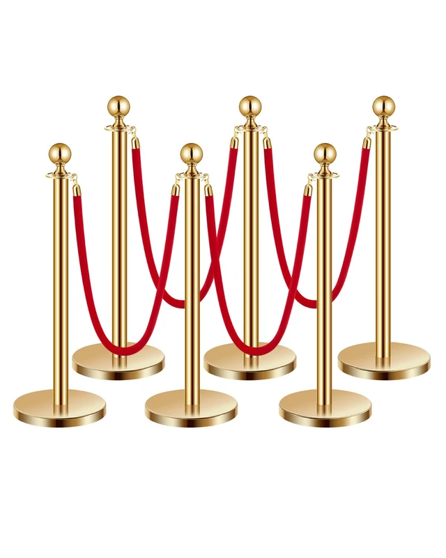 VEVOR Stanchion Post, 6 Pcs Crowd Control Barrier Set with 4 Red Velvet Ropes, 5 ft Stainless Steel Gold Stanchion Post Queue with Sand Injection Hollow Base for Theater, Party, Wedding, Exhibition - Image 1