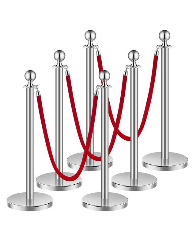VEVOR Stanchion Post, 6 Pcs Crowd Control Barrier Set with 3 Red Velvet Ropes, 5 ft Stainless Steel Silver Stanchion Post Queue with Sand Injection Hollow Base for Theater, Party, Wedding, Exhibition