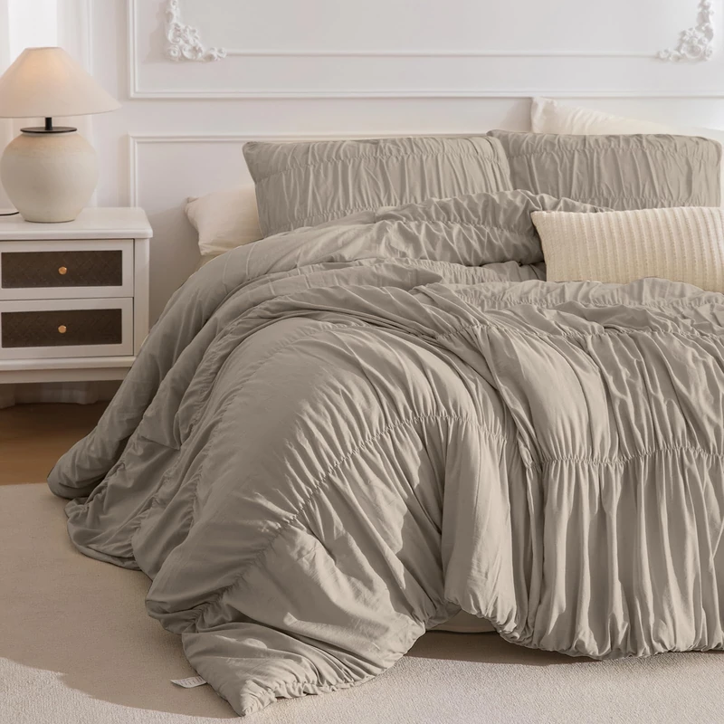 Masaca Oversized King Comforter 128x120,Linen Like Textured Ruched Shabby Boho Chic Bedding Comforter Set,3Pcs Extra Large King Size Ruffle Luxury Fluffy Bedroom Comforter Sets Lightweight
