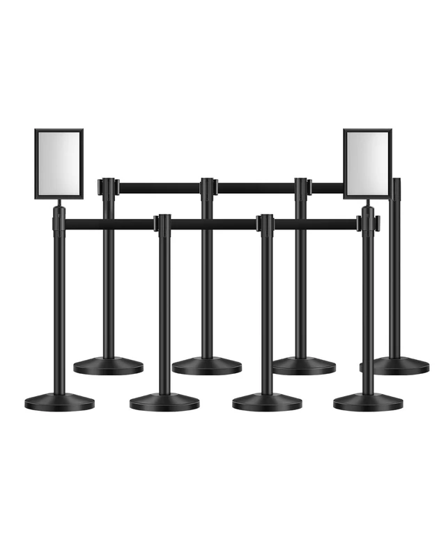 VEVOR Stanchion Post, 8 Pcs Crowd Control Barrier with 8 Retractable Belts & 2 Sign Holders, Carbon Steel Stanchion Post Queue with Sand Injection Hollow Base for Theater, Party, Wedding, Exhibition