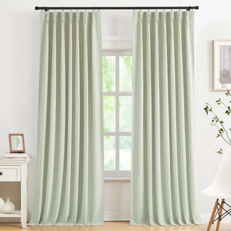Kayne Studio Soft Green Pinch Pleated Full Blackout Curtains 102", Linen Blend Thermal Insulated Soundproof Room Darkening Back Tab Window Drapes with Hooks for Living Room Bedroom(2 Panels, 40"x102")