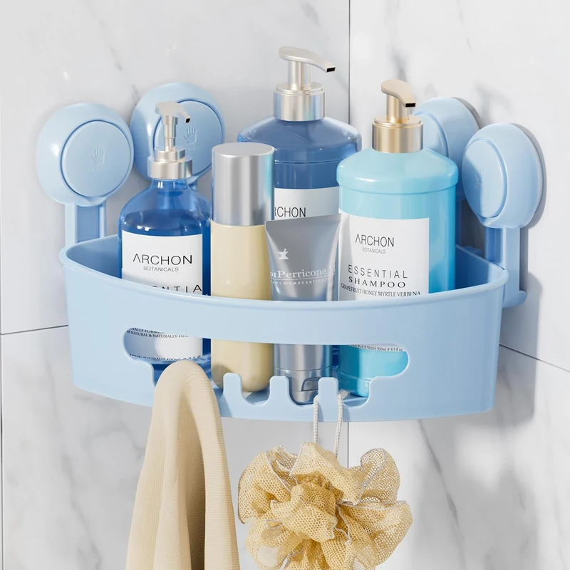 LEVERLOC Corner Suction Shower Caddy Bathroom Storage Basket No-Drilling Rust Free Removable Waterproof Shower Shelf Shampoo Bottles Organizer for Room Kitchen Toilet Tiles,Blue