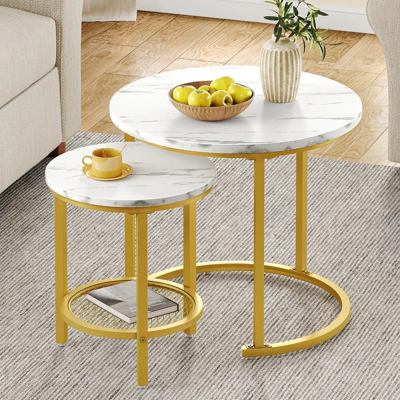 YITAHOME Coffee Table for living room, Nest of Tables Set of 2 with Storage, Small Round Table 60X60X50.5CM, Wooden Side Table with Sturdy Metal Frame, Easy Assembly