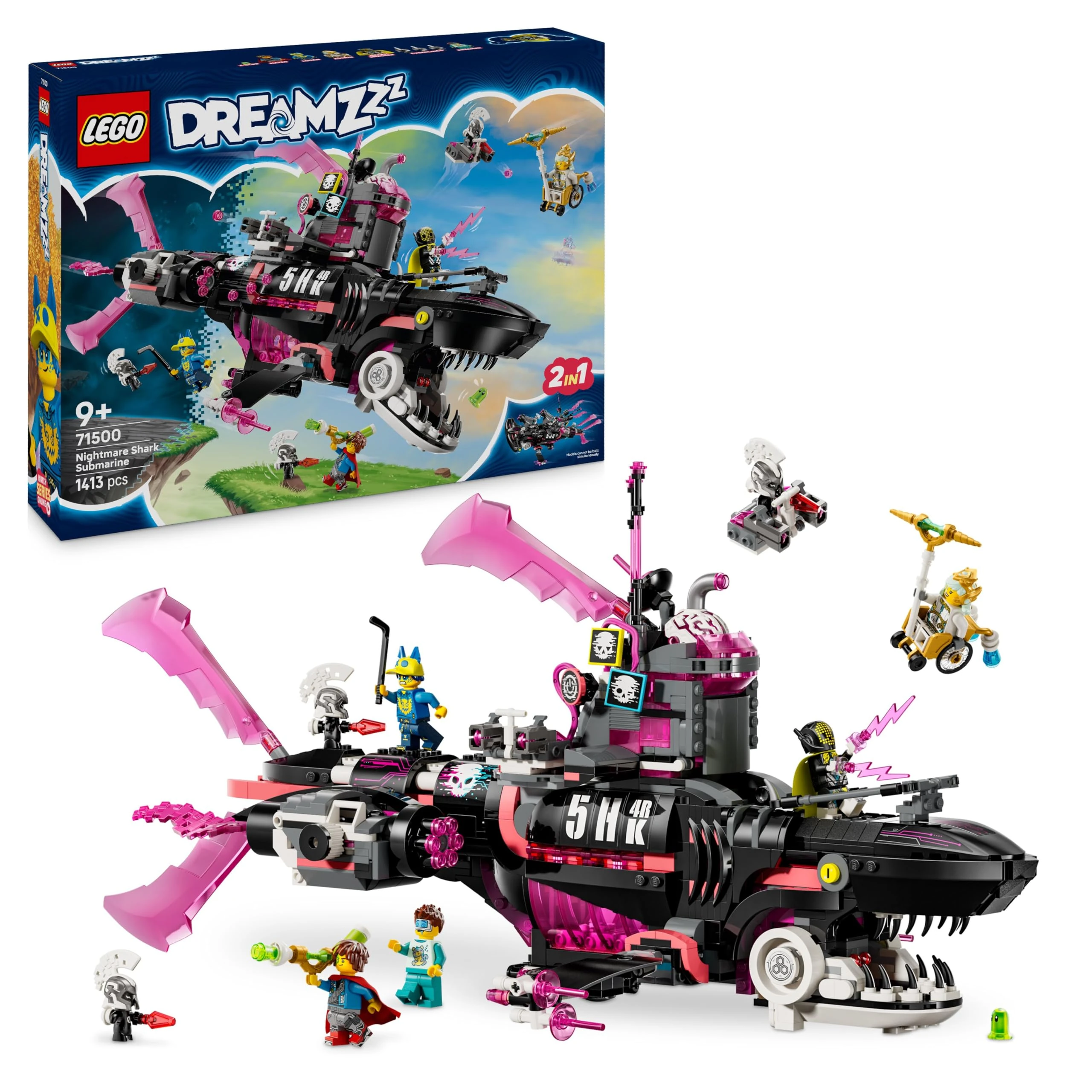 LEGO DREAMZzz 2in1 Nightmare Shark Submarine Toy - Modular Set with 2 Building Options, 2 Detachable Flyers & 5 Minifigures incl. Mateo and Astrid - Creative Gift for 9+ Year Old Boys & Girls - 71500
