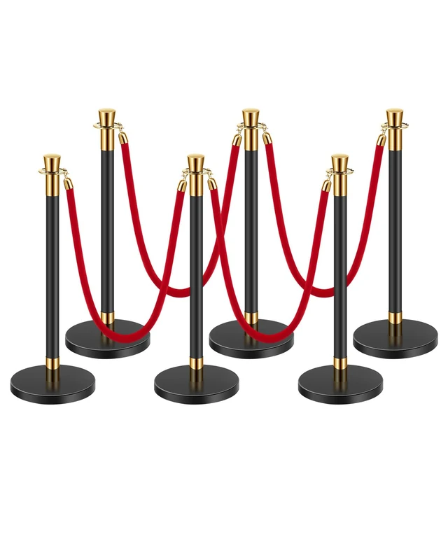VEVOR Stanchion Post, 6 Pcs Crowd Control Barrier with 4 Red Velvet Ropes, 5 ft Stainless Steel Black Stanchion Post Queue with Sand Injection Hollow Base for Theater, Party, Wedding, Exhibition