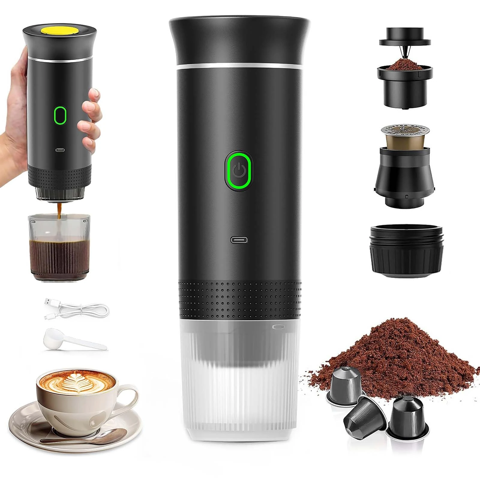 Vtizikl Portable Coffee Maker, 3-in-1 Travel Espresso Machine, Compatible with Small & Large Capsules, Ground Coffee, 50 Brews per Charge, Ideal for Camping, Travel, Office and Home (Black)