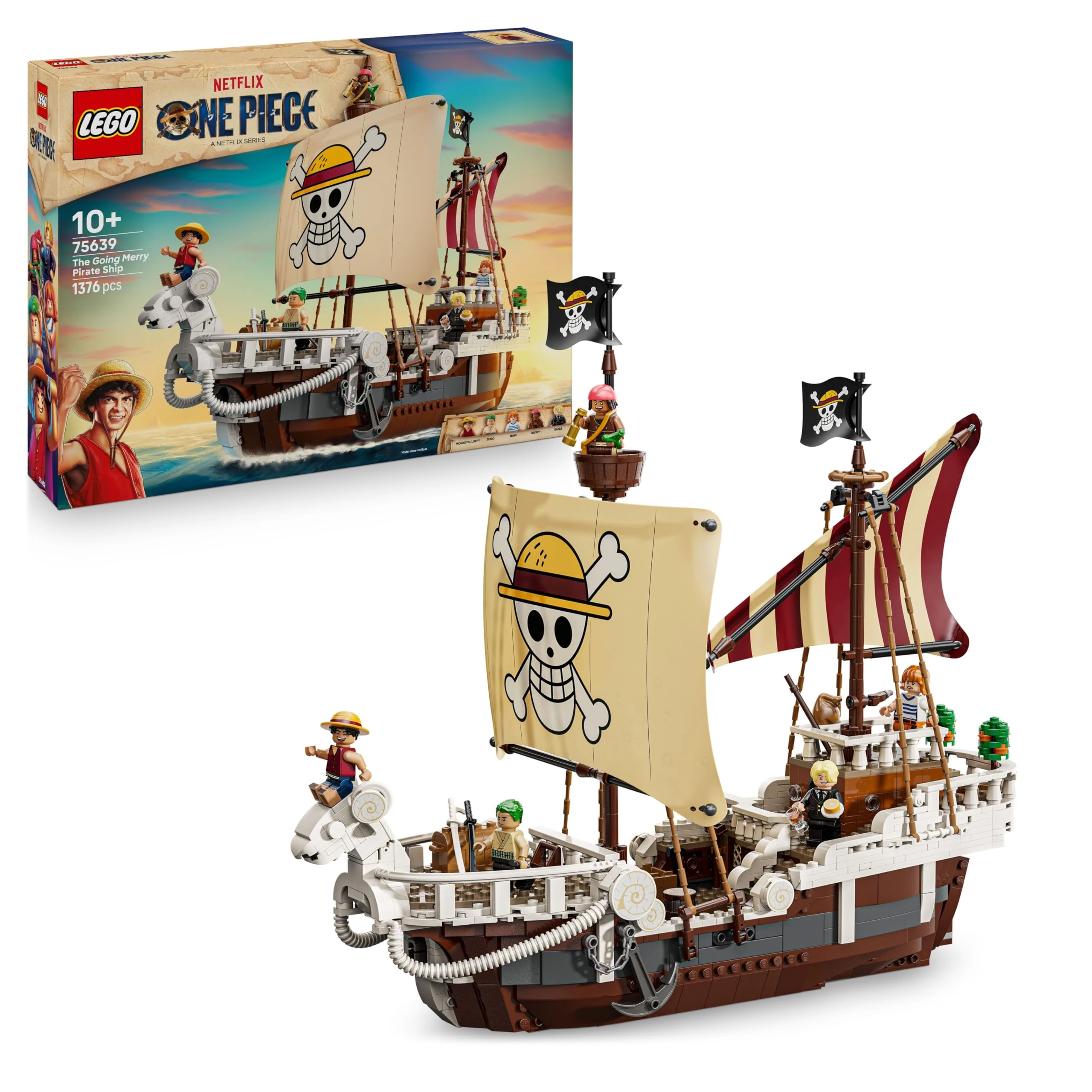 LEGO ONE PIECE The Going Merry Pirate Ship Toy - Play & Display Boat Model with 5 Minifigures incl. Luffy, Zoro & Nami - Anime Gift for 10+ Year Old Boys, Girls & Fans - 75639