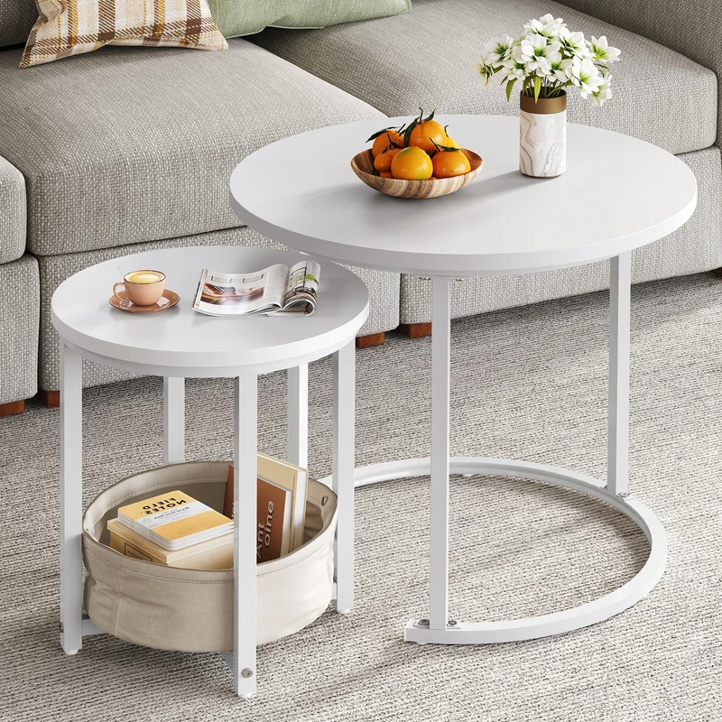 YITAHOME Coffee Table for living room, Nest of Tables Set of 2 with Storage, Small Round Table 60X60X50.5CM, Wooden Side Table with Sturdy Metal Frame, Easy Assembly