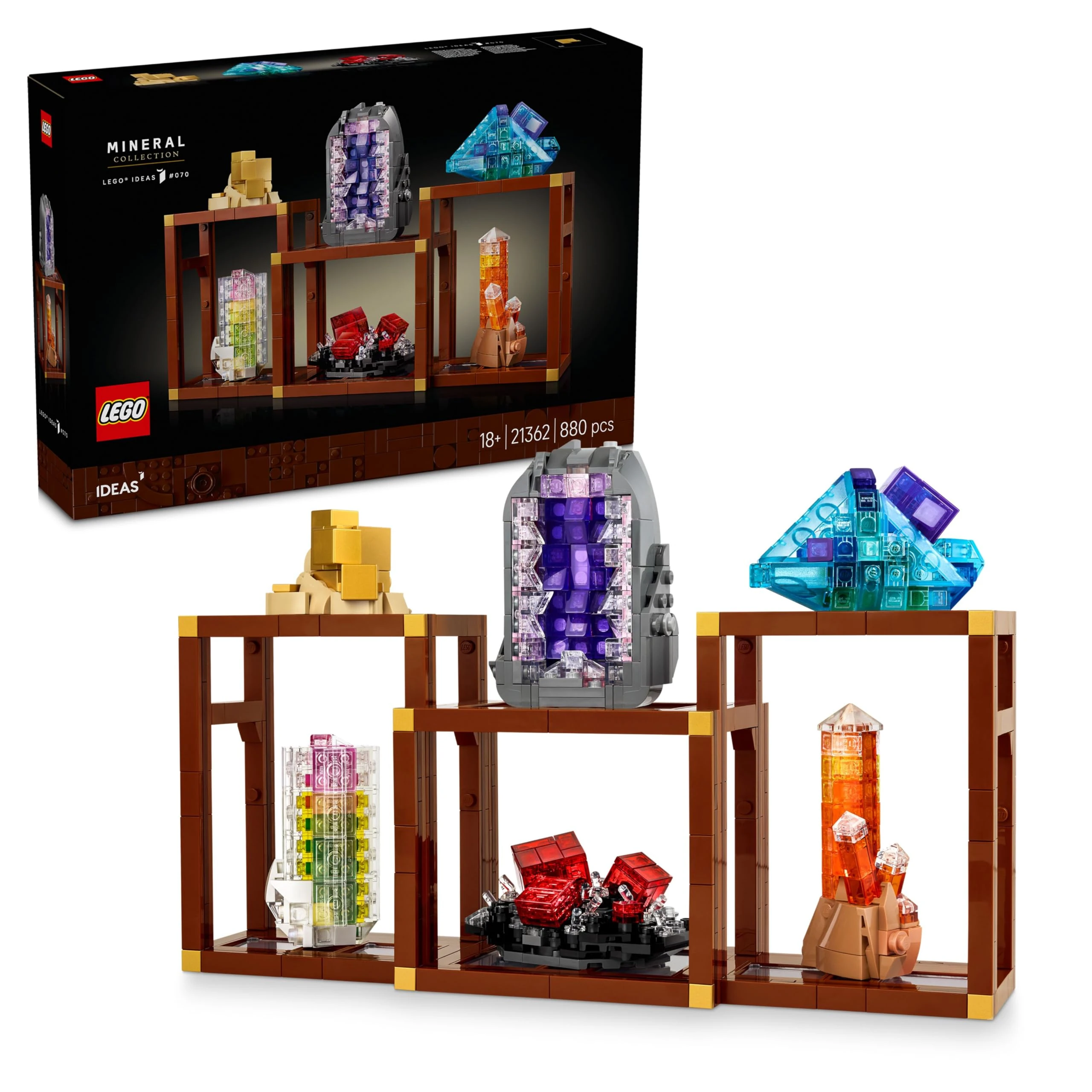 LEGO Ideas Mineral Collection Building Set for Adults - Display Model with Crystal Elements incl. Amethyst, Flourite & Tangerine Quartz, plus 3 Stands - Home Decor Gift Idea - 21362