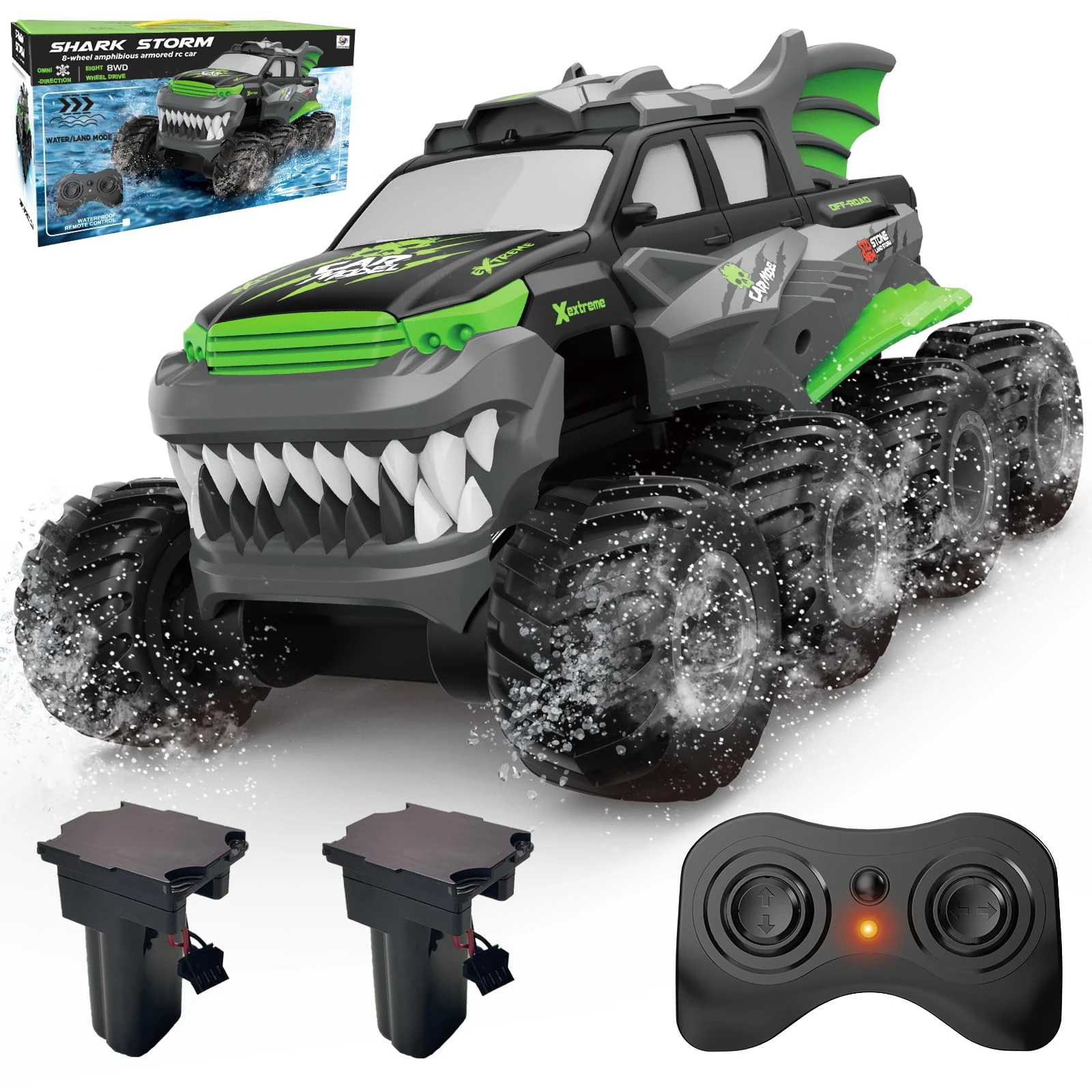 UFULMN Amphibious Remote Control Car 8WD RC Monster Truck with 2 Rechargeable Batteries for Boys Age 8-12 Offroad Waterproof RC Pickup All Terrain RC Drift Cars Beach Pool Toys Gifts for Kids Green
