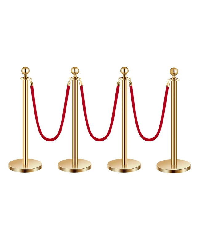 VEVOR Stanchion Post, 4 Pcs Crowd Control Barrier Set with 3 Red Velvet Ropes, 5 ft Stainless Steel Gold Stanchion Post Queue with Sand Injection Hollow Base for Theater, Party, Wedding, Exhibition - Image 1