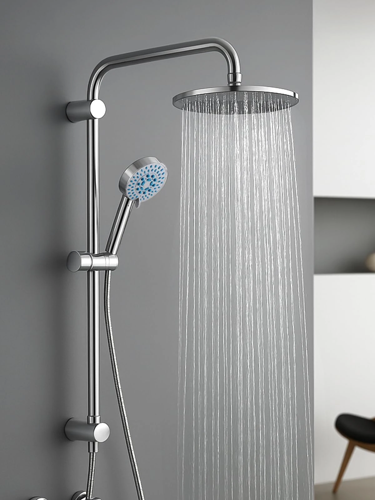 CROWNSHOP Shower Set Shower Riser Rail 8" Round Shower Mixer with Twin Heads Adjustable Overhead Rainfall Bathroom Shower Mixer Shower Head Handheld Shower Hose and Riser Rail Kit