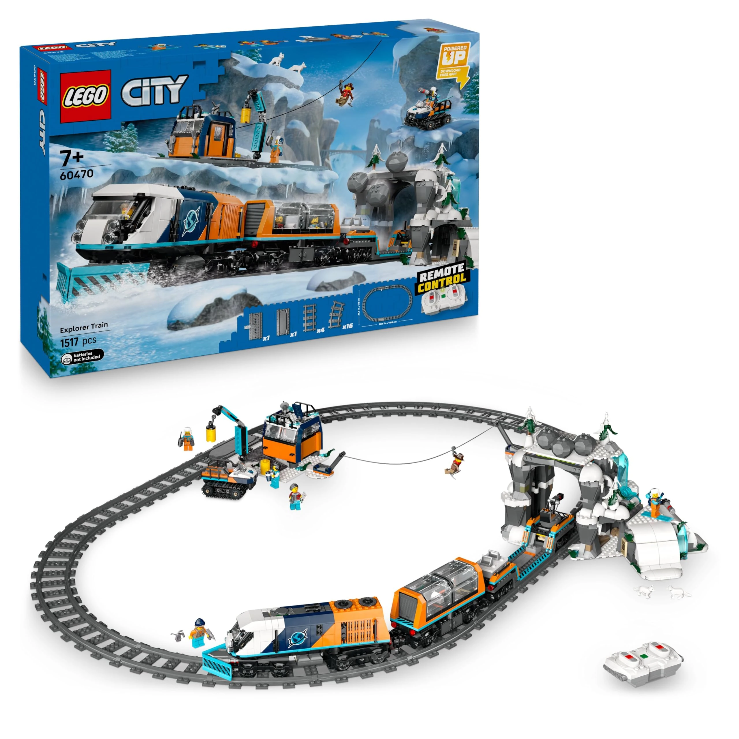 LEGO City Explorers’ Arctic Polar Express Train Set - incl. a Remote-Controlled Train Toy, Snowplough, 22 Track Pieces, 6 Minifigures & a Rockfall Function - Gift for 7+ Year Old Boys & Girls - 60470
