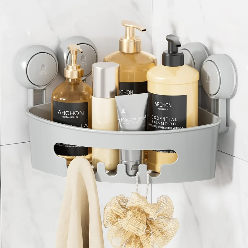 LEVERLOC Corner Shower Caddy Suction Cup Grey Shower Caddy Basket Powerful Suction Bathroom, Waterproof & Rustproof Organizer for Bathroom Storage, No-Drilling Removable