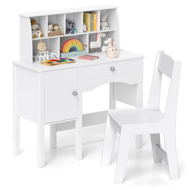 GYMAX Kids Desk and Chair Set, Children Writing Table with Drawer, Hutch and Storage Cabinet, Wooden Student Study Desk Set for Boys Girls (White)